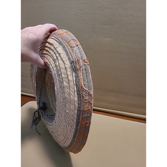 Vintage Straw Hat Woven With Design Embroidered‎ Orange Yellow Small 7" Opening - Picture 13 of 16